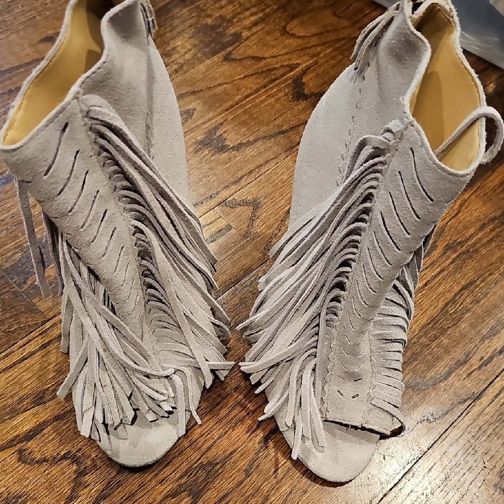 Fringed Suede Peep-Toe Booties
